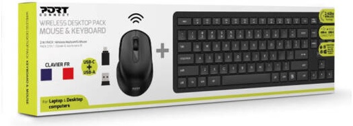 [900904] Port Connect 2.4GHz Wireless AZERTY Keyboard & Mouse Pack, Ergonomic Full-Size Keyboard and Optical Mouse Combo for Office, Home & Professional Use, Black | 900904