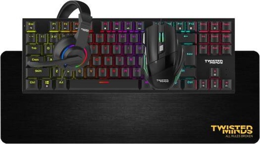 [TM-FUSION-X] Twisted Mind Fusion 4-In-1 Gaming Bundle, Wired Mechanical, 87 Keys, Blue Switch, DPI Adjustable Up to 3600, 7 Color LED Light, 40mm Driver Headset, 400 x 900 x 3mm Mousepad, Black | TM-FUSION-X