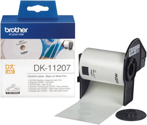 [DK-11207] Brother DK-11207 CD/DVD Film Label Roll, 58mm Diameter Die-Cut Round Labels, Black on White Plastic Film, 100 Self-Adhesive Disc Labels per Roll | DK-11207