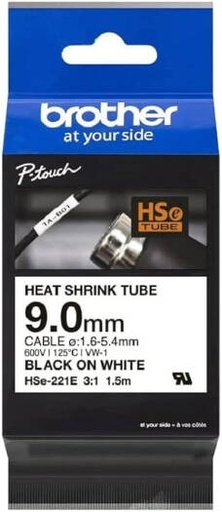 [HSE-221E] Brother HSE-221E 9.0mm Black on White Heat Shrink Tube Cartridge, Heat Shrink Tubes Insulate up to 300V, Tape Shrinks in a Ratio of 3 1, Black | HSE-221E