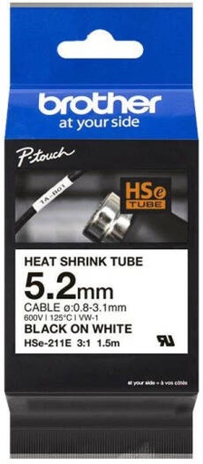 [HSE-211E] Brother HSE-211E 5.2mm Black on White Heat Shrink Tube Cartridge, Shrink Ratio of 3 1, Black | HSE-211E