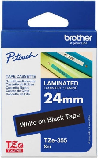 [TZe-355] Brother TZe-355 Tape Cassette, 24mm Width, 8M Length, White on Black Tape, Laminated | TZe-355