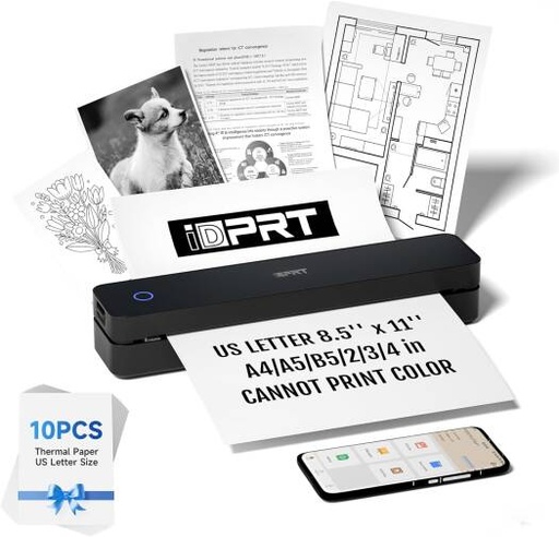 [MT610] iDPRT MT610 Portable Printer Wireless for Travel, 203DPI, Bluetooth Thermal Printer Support for 8.5"x11" US Letter, Inkless Compatible with iOS, Android, Laptop, Black | MT610