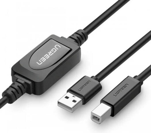 [10374] UGREEN US122 USB 2.0 A Male to B Male Active Printer Cable, 480Mbps with Built-in Amplifier Extender for TV, Projector, Monitor, 10 Meter, Black | 10374