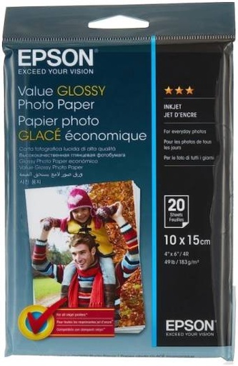 [C13S400037] Epson Glossy Photo Paper, 255gsm Weight Sturdy, 10x15 cm Size, 20 Sheets, For High Quality Photos, Compatible For All Inkjet Printers | C13S400037