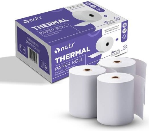 [NCTS-80x80mm] NCTS 80x80mm Premium POS Receipt Thermal Paper Roll Box, High-Sensitivity POS Premium Cash Register Till Rolls, 50-Pieces | NCTS-80x80mm