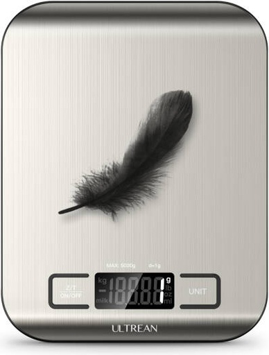 [UL-KS01] Ultrean High Precision Digital Food Scale, Measures in Grams and Ounces for Cooking and Baking, 5 Units with Tare Function, Stainless Surface, Silver | UL-KS01