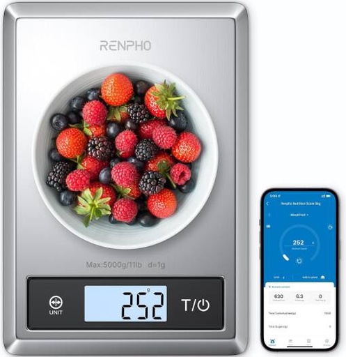 [ES-SNS01-SL] RENPHO Smart Food Scale, Digital Kitchen Scale for Food Ounces and Grams, with Nutritional Calculator APP for Keto, Macro, Calorie, Weight Loss, Precise Graduation, Stainless Steel | ES-SNS01-SL