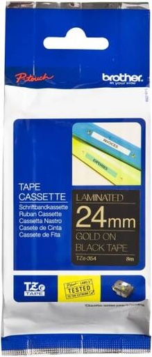 [brother-genuine-tze-354-standard-laminated-label-tape-replacement-for-label-printers-gold-on-black-24mm-wide-8m-long] BROTHER Genuine TZe 354 Standard Laminated Label Tape Replacement for Label Printers, Gold on Black, 24mm wide, 8m long