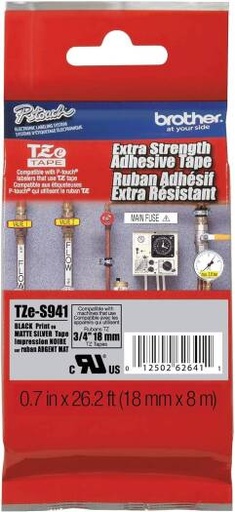 [brother-genuine-p-touch-tze-s941-tape-34-07-wide-extra-strength-adhesive-laminated-tape-black-on-matte-silver-indooroutdoor-use-water-resistant-07-in-x-262-ft-single-pack-tzes941] Brother Genuine P-Touch TZE-S941 Tape, 3/4" (0.7"") Wide Extra-Strength Adhesive Laminated Tape, Black on Matte Silver, Indoor/Outdoor Use, Water-Resistant, 0.7 in. x 26.2 ft., Single-Pack, TZES941