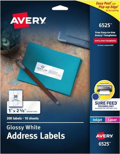 [avery-printable-address-labels-with-sure-feed-1-x-2-58-glossy-white-300-blank-mailing-labels-06525] Avery Printable ADDRess Labels With Sure Feed, 1" X 2-5/8", Glossy White, 300 Blank Mailing Labels (06525)