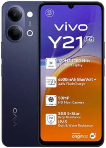 [Y21BK] Vivo Y21 5G Smartphone, 6.74" 120Hz Sunlight Display, 4GB/256GB Storage, 6500mAh BlueVolt Battery, MediaTek Dimensity 6300 Processor, IP65 Water and Dust Resistance, Black | Y21BK