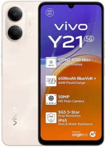 [Y21G] Vivo Y21 5G Smartphone, 6.74" 120Hz Sunlight Display, 4GB/256GB Storage, 6500mAh BlueVolt Battery, MediaTek Dimensity 6300 Processor, IP65 Water and Dust Resistance, Gold | Y21G