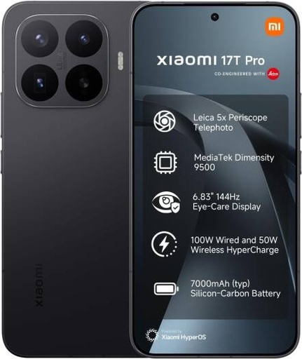 [17T Pro 5G] Xiaomi 17T Pro 5G Smartphone, 6.83" 144Hz AMOLED Display, MediaTek Dimensity 9500, 12GB RAM, 512GB Storage, 7000mAh, 100W HyperCharge, Black, TRA Version | 17T Pro 5G