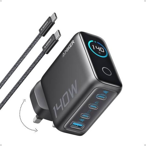 [B2697KZ1] Anker 140W USB C Charger, Laptop Charger, 4-Port Multi-Device Fast Charging, Advanced GaN Power Adapter, Intuitive Touch Controls, Black | B2697KZ1