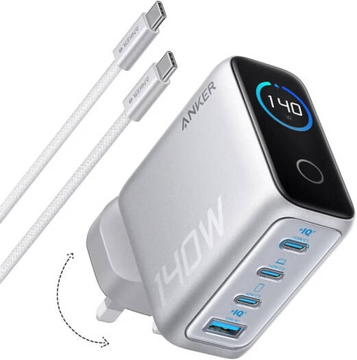 [B2697K41] Anker 140W USB C GaN Charger, Laptop Charger, 4 Port PD 3.1 Multi-Device Fast Charging, Advanced GaN Power Adapter, Intuitive Touch Controls, Compact & Foldable Design, Silver | B2697K41