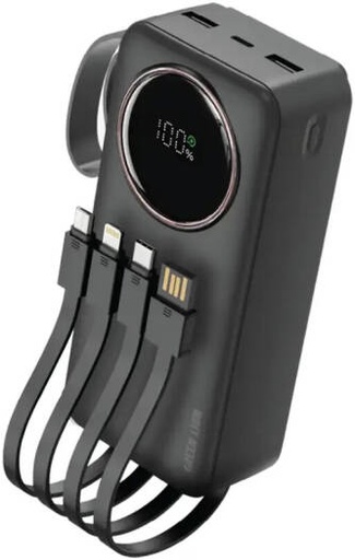 [GNPWRPS30KBK] Green Lion Power Pulse Power Bank, Digital Display, Built-in Cable, PD 22.5W Fast Charging, 2 USB-A Ports, Type-C Port/Cable, Lightning Cable, 30000mAh Battery Capacity, Black | GNPWRPS30KBK