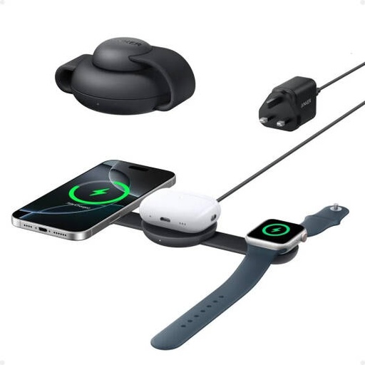 [B25M8H11] Anker MagSafe Compatible MagGo UFO 3-in-1 Charger, iPhone 17 Wireless Charging Station, 15W Qi2 Certified, Foldable Travel Charging Pad, StandBy Mode for Optimal Viewing, Black Stone | B25M8H11