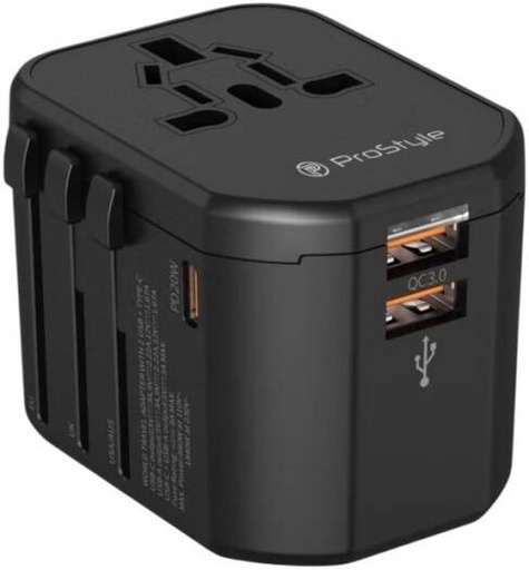 [PSUAD1] ProStyle 20W Universal Travel Adapter with Multi Sockets, 2 USB and 1 Type C Ports compatible for More than 150 Countries, Black | PSUAD1