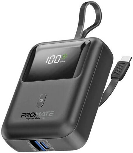 [PowerPod-10.Black] Promate Ultra-Compact 10000mAh Power Bank, 35W Power Delivery Port, Built-In USB-C Cable & 8W QC 3.0 USB-A Port, Smart LED Screen, Ultra Compact Design, Black | PowerPod-10.Black