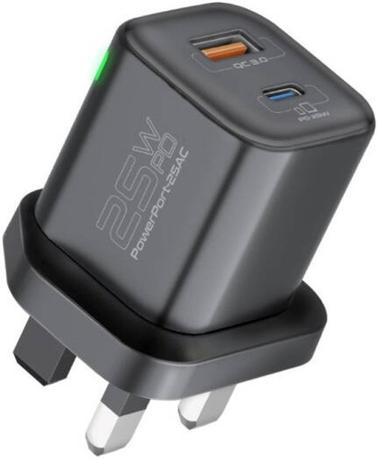 [PowerPort-25AC] Promate PowerPort-25AC Dual Port Wall Charger, 25W USB-C PD, 18W USB-A QC 3.0, 5V/3A Dual Output, AC 200-240V, Overvoltage Protection, Overheating Protection, UK Plug, Black | PowerPort-25AC