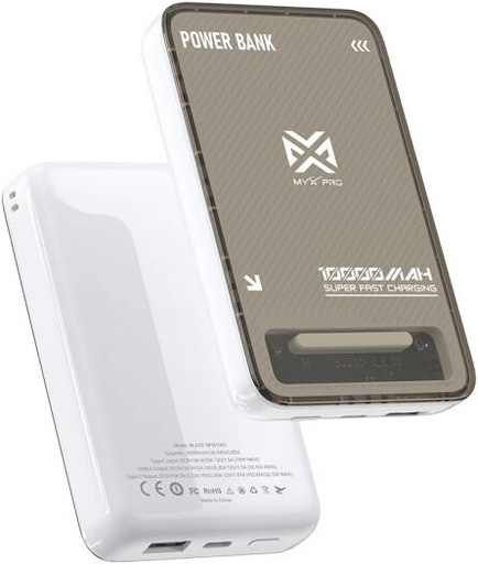 [BLAZE MPB1063] Myx PRO PBank Blaze 10,000mAh Power Bank, Fast Charging Portable Battery Pack, USB-C Power Delivery, Dual Output Ports, Slim Compact Design & Multi-Layer Safety Protection, White | BLAZE MPB1063