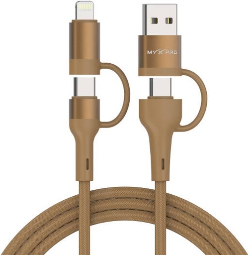 [TRB105] Myx PRO Turbo PowerHub 4-in-1 Fast Charging & Data Cable, 65W USB-C to USB-C & 27W USB-C to Lightning, 1.2M Braided Nylon Cable with USB-A & USB-C Inputs, Gold | TRB105