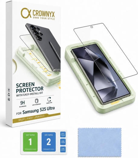 [SAM-S25ULT-CSP] CROWNYX Clear Screen Protector for Samsung Galaxy S25 Ultra, 9H Hardness, Military Grade Shatterproof, Black Edge Tempered Glass with Easy Installation Tool, Case-Friendly, HD Clear | SAM-S25ULT-CSP