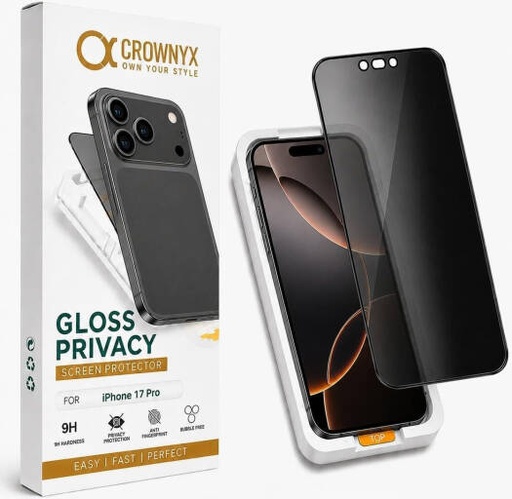 [IP-17P-GPSP] CROWNYX Privacy Screen Protector for iPhone 17 Pro, Dust free, Anti Finger Print, Shatter Proof, Scratch Resistant, Anti Spy Tempered Glass, Easy Installation Kit | IP-17P-GPSP
