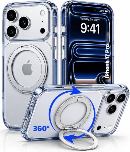 [IP17P-MGSF-CSP] CROWNYX Crystal Spin Case for iPhone 17 Pro, 360 Degree Spin Ring Stand, Magsafe Compatible, Military Grade Protection, Anti Yellowing, Transparent Back, Scratch Resistant | IP17P-MGSF-CSP