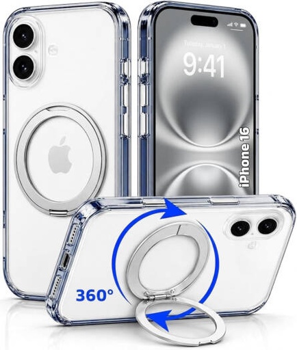 [IP16-MGSF-CSP] CROWNYX Crystal Spin Case for iPhone 16, 360 Degree Spin Ring Stand, Magsafe Compatible, Military Grade Protection, Anti Yellowing, Transparent Back, Scratch Resistant | IP16-MGSF-CSP