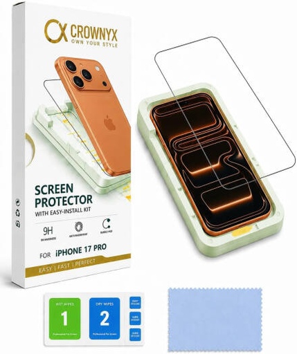 [IP-17P-CSP] CROWNYX Clear Screen Protector for iPhone 17 Pro, 9H Hardness, Military Grade Shatterproof, Black Edge Tempered Glass with Easy Installation Tool, Case-Friendly, HD Clear | IP-17P-CSP