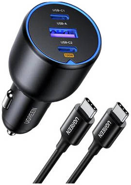 [55511] UGREEN 130W 3-Port Fast Car Charger with 100W Cable, GaN High Speed Charging, Multi Device Compatible Laptop Phone Tablet Charger, Black | 55511