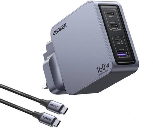 [25878] UGREEN Nexode Pro 160W 4-Port GaN Fast Charger, PD 3.1 USB-C Charger with 1.5M USB-C to USB-C Cable, Multi-Port Laptop & Device Charger, Intelligent GaN Technology, Gray | 25878
