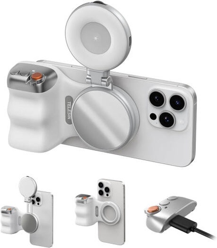 [P1-MP-10-ZH1-AU] TELESIN Fun Short Grip 2 with Magnetic Selfie Light Bundle, Portable Vlogging Grip Handle and LED Fill Light for Content Creators, White | P1-MP-10-ZH1-AU