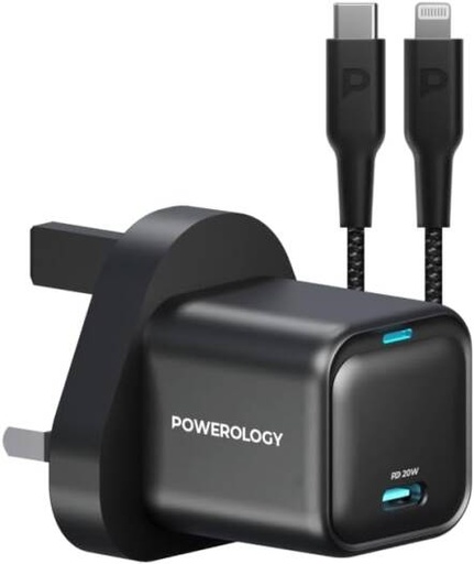 [powerology-20w-single-c-port-pd-charger-uk-with-type-c-to-lightining-head-mfi-27w-cable-0-60-in-35-minutes-braided-usb-c-to-lightning-head-included-compact-design-gan-charger-black] Powerology 20W Single C Port PD Charger UK with Type C to Lightining Head MFI 27W cable, 0-60 In 35 Minutes, Braided USB-C To Lightning Head Included, Compact Design, GaN Charger - Black