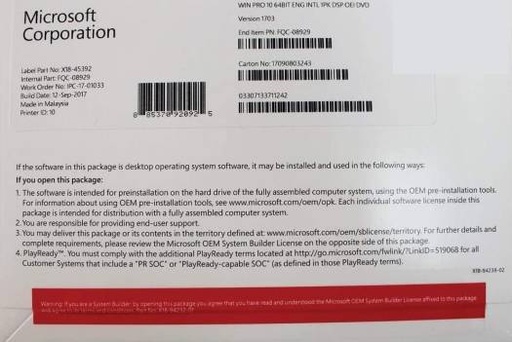 [FQC-08929U3 - FQC-08929U5] Microsoft FQC-08929 Windows 10 Pro - 64 bit Operating System | FQC-08929U3 - FQC-08929U5